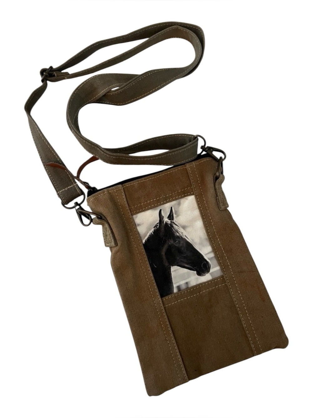 Vintage Addiction Canvas Crossbody Pouch in Brown, Horse